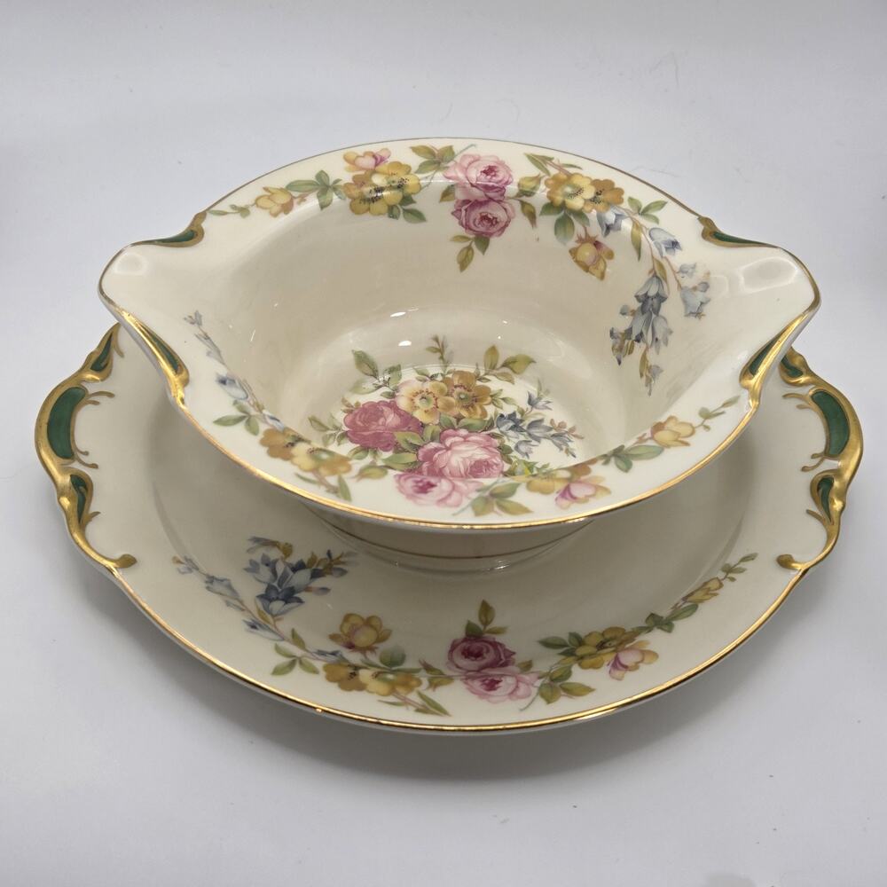 Vintage KPM Royal Ivory Normandie Gravy Boat with Attached Underplate Floral